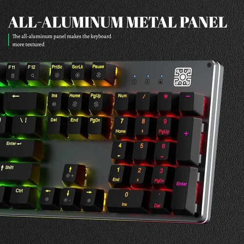 Vista 3 de Black Emblem Teclado mecánico para juegos con interruptores azules clicky, retroiluminación RGB de tamaño completo de 104 teclas teclado programable