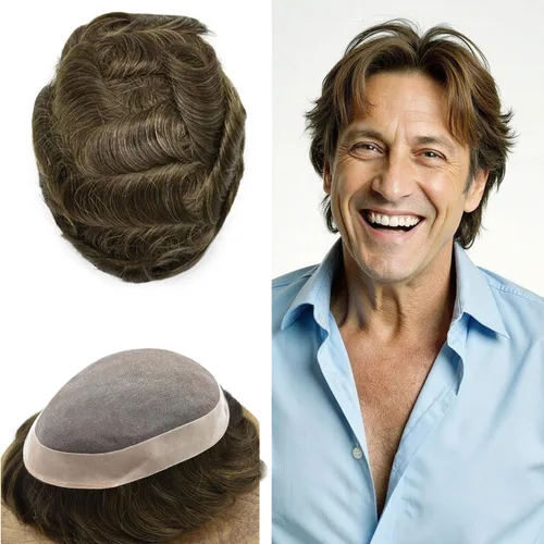 Vista 34 de Fine Mono Men Hair System Mens Toupee Real Human Hair Pieces For Men's Toupee Hair System For Men Hair Piece Natural Hairline 6X8 densidad de luz