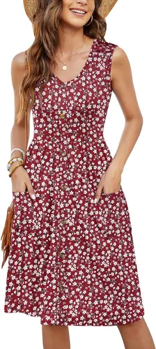 Vista 48 de MOLERANI Vestido de verano para mujer, sin mangas, estilo casual, suelto, con vuelo, botones, midi, con bolsillos 01-beja Blue