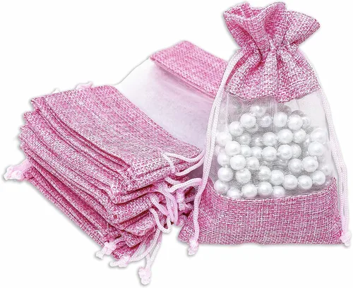 Vista 25 de TheDisplayGuys para tu vida moderna - Paquete de 12 bolsas de regalo pequeñas de arpillera de lino y organza con cordones (8.9x14 cm, gris)