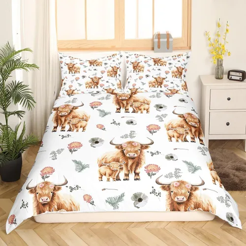 Vista 2 de Feelyou Highland Cattle - Juego de funda de edredón de vacas, flores y hojas, 1 funda de edredón y 1 funda de almohada, tamaño individual