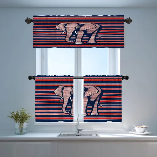 Vista 6 de Shrahala Cortinas republicanas de elefante americano para ventanas de cocina, paneles de cortina de ventana de poliéster multicapa con rayas rojas