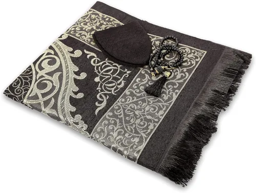 Vista 2 de Alfombra de oración musulmana con cuentas de oración, sombrero kufi para hombres y mujeres, 100% transpirable, gorro de calavera negra, tapete