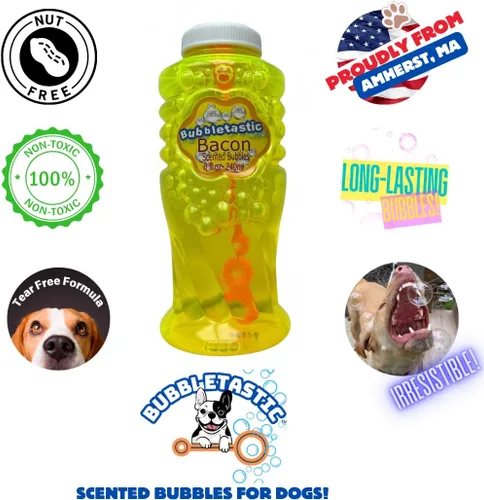 Vista 4 de Bubbletastic Máquina de burbujas de tocino para perros, incluye burbujas de tocino de 8 onzas, no tóxica, segura para perros