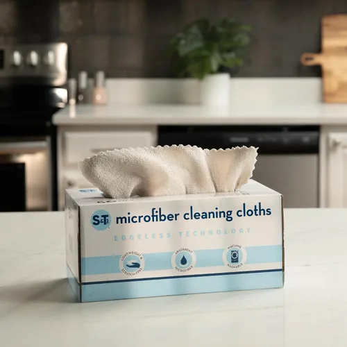 Vista 8 de S&T INC. Paño de limpieza de microfibra, paquete de 50, 11.8 x 11.8 pulgadas, beige Storage Box Included, Edgeless Cleaning Cloth for Home and