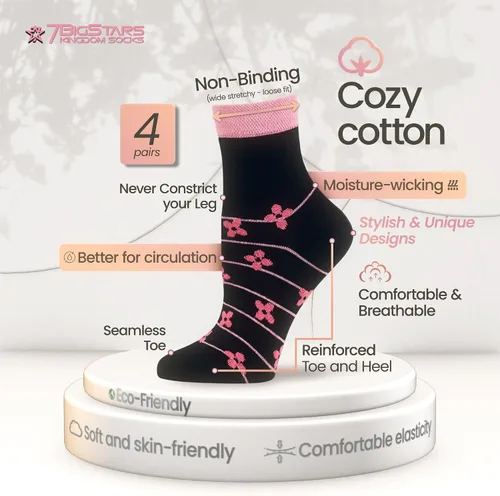 Vista 42 de 7BIGSTARS KINGDOM Women's Cotton Quarter Non-Binding Diabetic Fashion Socks-L-M-4 Pack-Multicolor