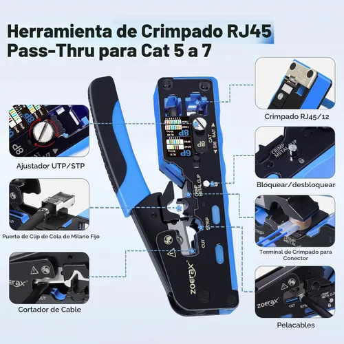 Vista 2 de Herramienta de crimpado RJ45, kit de herramientas de crimpado Cat7 Cat6 Cat5 con cortador de alambre, probador de cables de red, mini pelacables