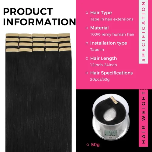 Vista 2 de Extensiones de cabello Lashey de 14 pulgadas; extensiones de cabello humano real lacio color negro azabache con trama adhesiva para mujeres, 20