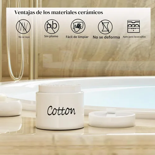 Vista 3 de LEETOYI Organizador de hisopos de algodón de cerámica con tapa, recipientes de almacenamiento para hisopos de algodón, color blanco