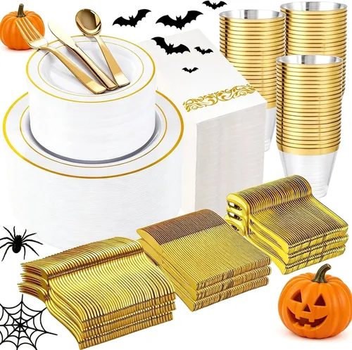 Vista 14 de WELLIFE 210 vajilla de plástico negro con servilletas preenrolladas, incluye: 30 platos llanos, 30 platos de postre, 30 servilletas de papel, 30