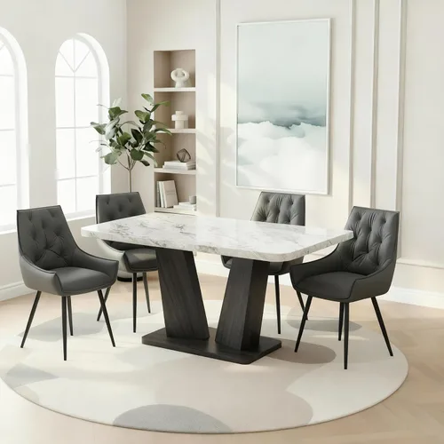 Vista 23 de Juego de mesa de comedor para 6, juego de mesa de comedor de mármol para 6, juego de 6 sillas de mesa de cocina con base de madera, juego de mesa