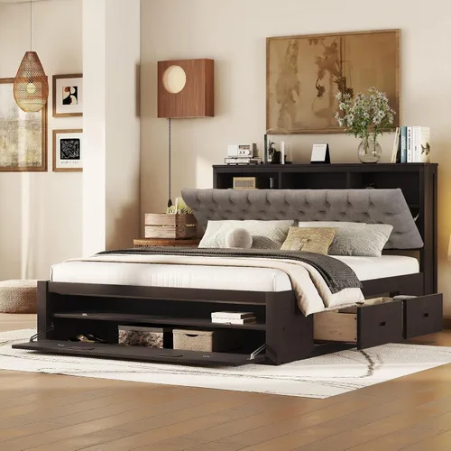 Vista 11 de Versátil cama de plataforma de madera tamaño Queen con armario y nido todo en uno, estante y enchufes, para niños, adolescentes y adultos, uso