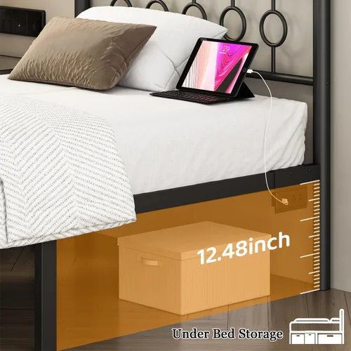 Vista 6 de Jenmit Bases de cama individuales con cabecero, estructura de cama LED con estación de carga, plataforma de metal, almacenamiento bajo la cama,