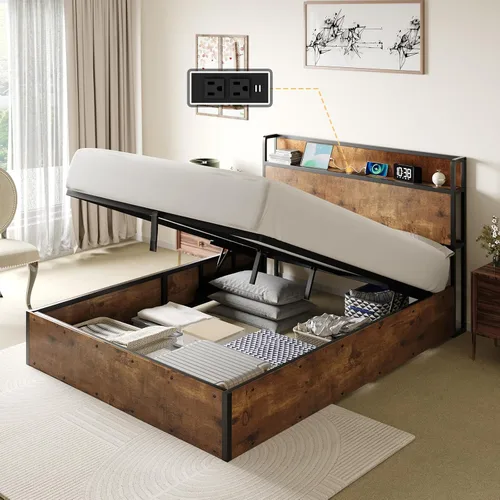 Vista 8 de AMERLIFE Marco de Cama de Almacenamiento Elevable Tamaño Completo, Marco de Cama de Plataforma de Madera con Almacenamiento Elevable y Estación