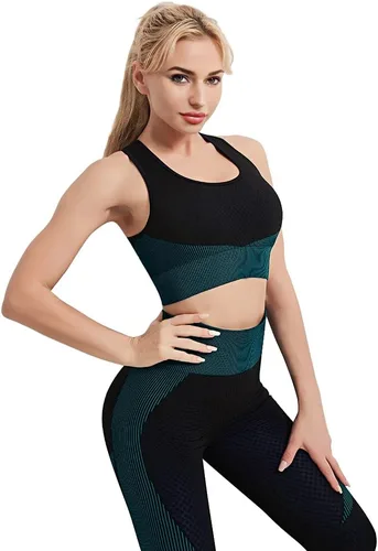 Vista 2 de TUMILKETS Conjunto deportivo de 3 piezas para mujer, sin costuras, manga corta, brasier deportivo, cintura alta, pantalones cortos de yoga