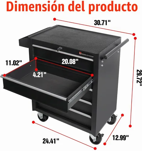 Vista 3 de Caja de herramientas con ruedas y cajones de almacenamiento de acero de alta resistencia de 5 cajones (TZ35-BK)