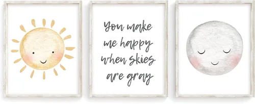 Vista 2 de You Make Me Happy When Skies Are Gray Set of 3 Wall Art Prints Sun and Moon Inspirational Quotes for Nursery Gender Neutral Yellow and Gray Decor