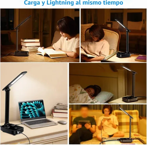 Vista 5 de Yostyle Lámpara de escritorio LED con 4 puertos de carga USB y 2 salidas de CA, estación de tira de alimentación con cable de extensión de 5 pies