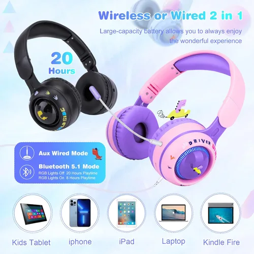 Vista 3 de QearFun Auriculares Bluetooth plegables para niños pequeños, 9 luces LED coloridas inalámbricas de dinosaurio con micrófono y conector de 0.138 in