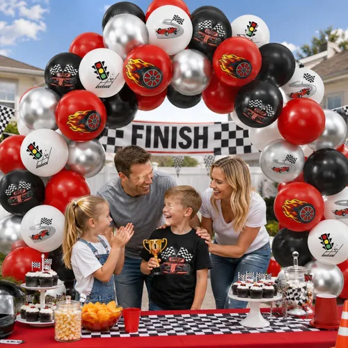 Vista 7 de Globos de coche de carreras, globo de látex de coche de carreras de 12 Negro Rojo-racing