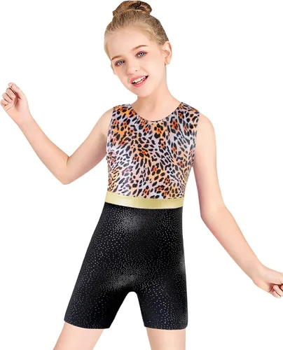 Vista 3 de Leotardo de gimnasia con shorts para niñas, sin mangas, para ciclismo, con diseño de mariposas y flores con brillo, color negro y rosado intenso