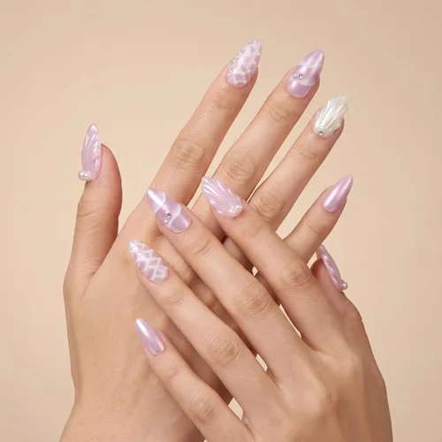 Vista 3 de Sun&Beam Nails Uñas a presión hechas a mano, medianas, largas, almendra, ovalada, púrpura y blanca, concha de perla falsa, diseño 3D, bonitos dijes