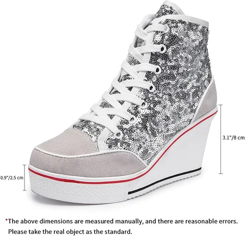 Vista 2 de Zapatos de lona de tacón alto para mujer, zapatos casuales de moda, tenis brillantes para caminar, plataforma, cuñas, zapatos de tacón