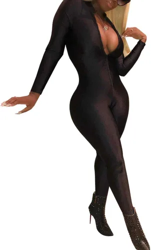 Vista 2 de ECHOINE - Atuendo de una pieza para mujer con manga larga, cremallera, sexy, cuello profundo en v, pantalón largo, para fiestas y clubes, overol