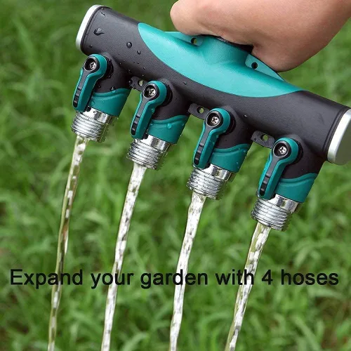 Vista 5 de Divisor de manguera de jardín de 4 vías – 3/4 pulgadas resistente de metal para grifo de agua con válvulas de cierre, conectores de manguera a