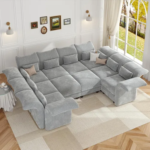 Vista 14 de LLappuil Sofá seccional beige con almacenamiento, sofás modulares de pana para sala de estar con apoyabrazos ajustables, cojines de felpa gruesos, 6