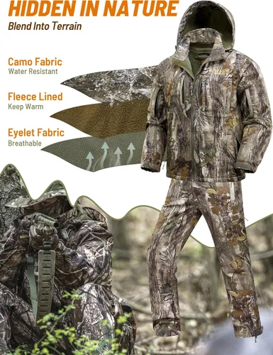 Vista 2 de NEW VIEW Ropa de caza de camuflaje para hombres, forro polar cálido y silencioso, chaqueta y pantalones de caza de ciervos para clima frío