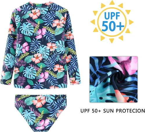 Vista 5 de Conjunto de traje de baño de dos piezas con protección solar UPF 50+ para niñas, conjunto de traje de baño de manga larga