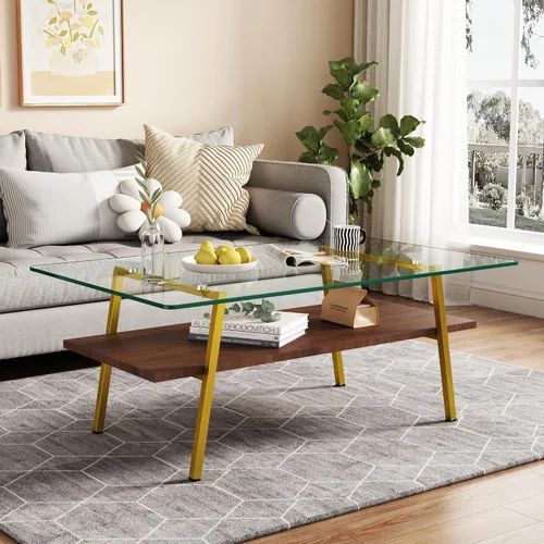 Vista 10 de IANIYA - Mesa de centro moderna de cristal, mesa de centro pequeña de mediados de siglo, mesa de centro para sala de estar con estantes de madera