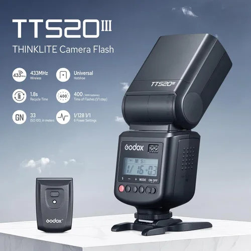 Vista 2 de Godox TT520III TT520 III Flash de cámara, flash universal de zapata caliente, flash manual GN33 con transmisor inalámbrico RT-16, compatible