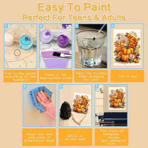 Vista 7 de Meothan Kits de pintura por números para adultos enmarcados, pintura de otoño por números para adultos principiantes, kits de pintura de calabaza