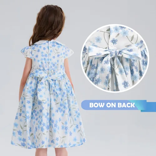 Vista 5 de Girls Smocked Blue Dress Toddler Floral Summer Dress Vintage Dresses Kindergarten Graduation Dress