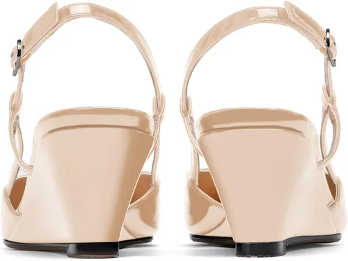Vista 4 de MERRORI Zapatos de tacón bajo de cuña con hebilla y punta cuadrada para mujer, de patente sólida, de 2 pulgadas Beige