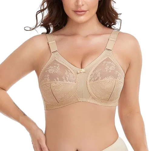 Vista 2 de Brasier de encaje minimizador sin alambre sin forro para mujer, talla grande, cobertura completa