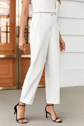 Vista 7 de Febriajuce Pantalones de vestir de cintura alta elástica para mujer, pantalones de trabajo plisados con botones, pantalones de trabajo de pierna