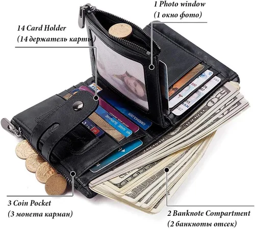 Vista 3 de gzcz Cartera de cadena plegable para hombre de piel auténtica suave con ventana de identificación y tarjetero de crédito minimalista con cremallera