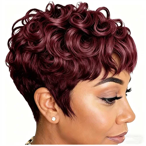 Vista 11 de Pelucas cortas de corte Pixie para mujeres negras, pelucas de corte Pixie con flequillo, negro mezclado con marrón, pelucas rizadas cortas