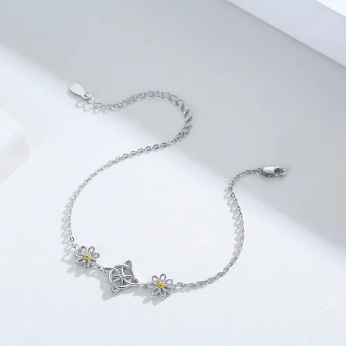 Vista 3 de Midir&Etain Pulseras de protección de margaritas con nudo de brujas para mujer, pulsera celta, Nudo De Bruja Plata 925, pulsera original de buena