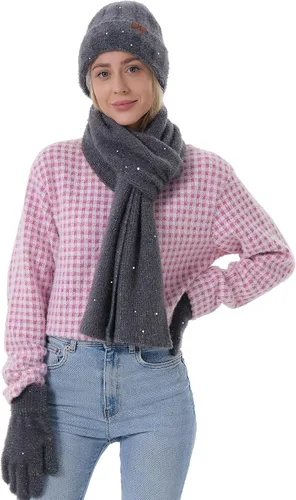 Vista 6 de FZ FANTASTIC ZONE Womens Winter Warm Knit Beanie Hats Gloves Touchscreen Long Scarf Set Skull Cap with Fleece Gifts for Women