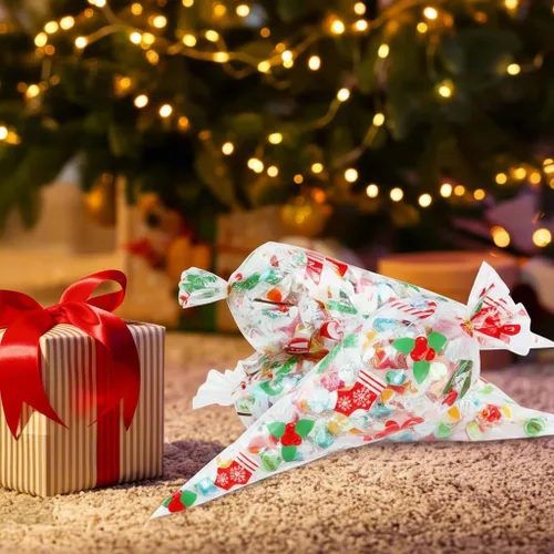 Vista 4 de Konsait 120 bolsas de dulces de Navidad, bolsas de celofán, bolsas de golosinas de cono transparente para galletas con lazos giratorios