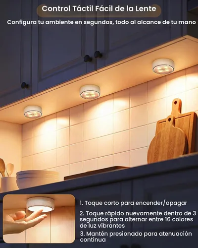 Vista 2 de TECOMLIGHT Luces de disco con control remoto, iluminación inalámbrica para debajo del gabinete, funciona con pilas, luces de empuje para cocina