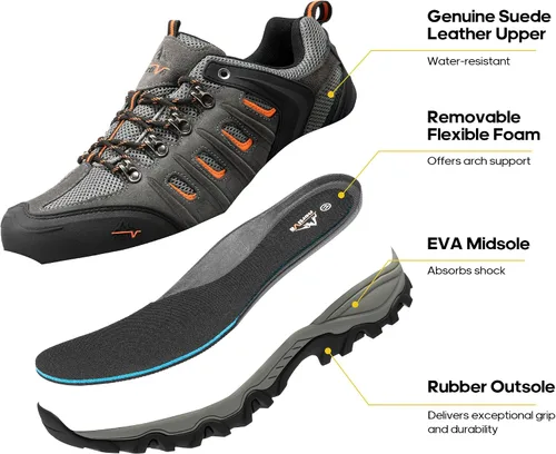 Vista 4 de NORTIV 8 Zapatos de senderismo impermeables para hombre, zapatos de senderismo de cuero para exteriores, senderismo, camping, caminata