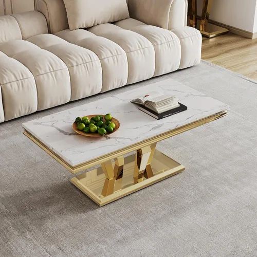 Vista 5 de SSLine Mesa auxiliar rectangular de mármol sintético para sala de estar, moderna mesa central de mármol blanco de lujo con base de diamante dorado