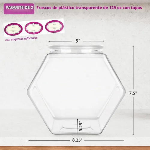 Vista 2 de DilaBee Paquete de 2 tarros de plástico para galletas, tarros hexagonales de 1 galón con tapas para bufé de dulces, cocina y oficina, tarros