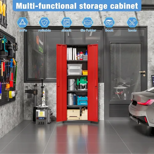 Vista 6 de Aobabo Gabinete de almacenamiento de metal de 24 pulgadas de ancho con puertas de bloqueo y estantes ajustables, negro y rojo