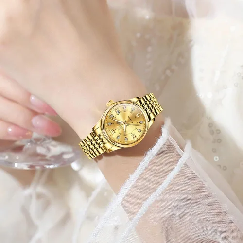 Vista 2 de OLEVS Reloj automático para mujer, de lujo, con cuerda automática, de diamante, de acero inoxidable, de fase lunar, impermeable, esfera azul luminosa
